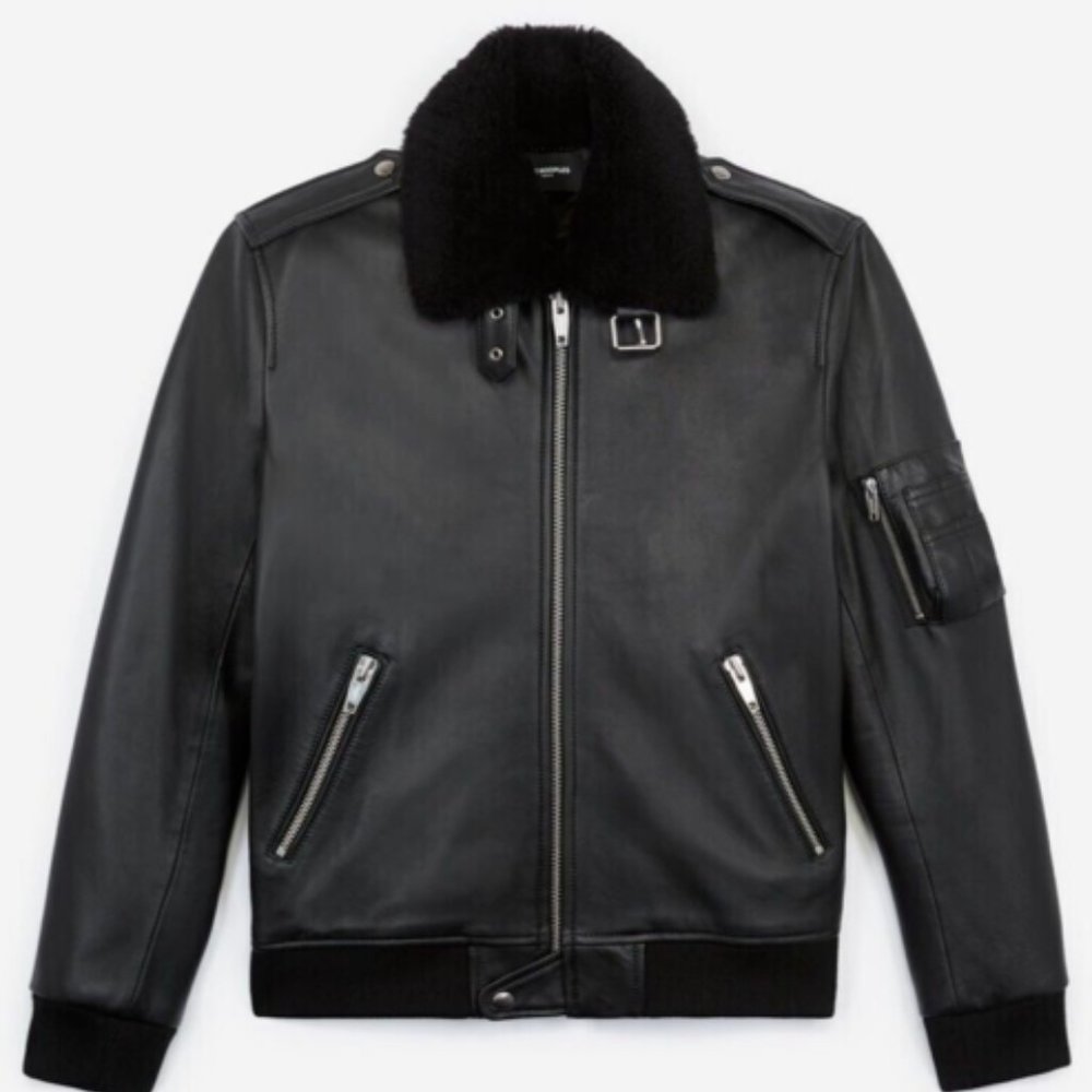 THE KOOPLES Black Leather Flight Jacket W/Shearling Neck Size S